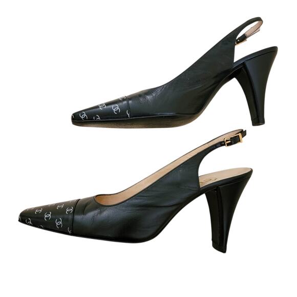 Chanel Vintage Square Toe Slingback Black CC Logo Leather Pumps Heels 6 36.5 - Picture 6 of 12